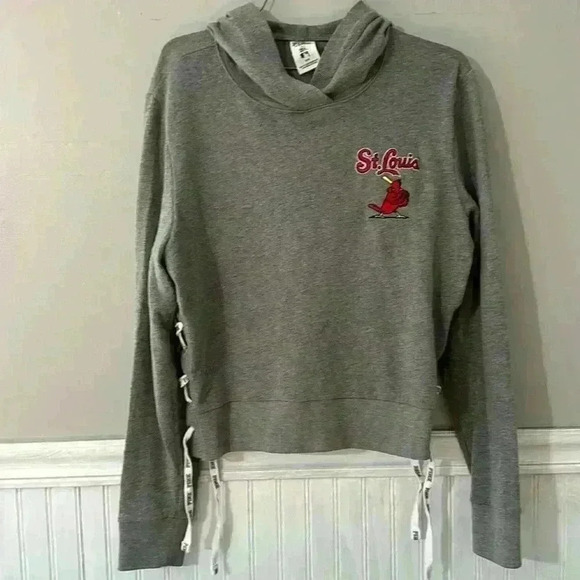 PINK Victoria's Secret St Louis Cardinals Gray Hooded Shirt w/Side Ties Sz M - Picture 1 of 7